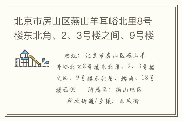 北京市房山區(qū)燕山羊耳峪北里8號樓東北角、2、3號樓之間、9號樓東北角、樓南、18號樓西側(cè)