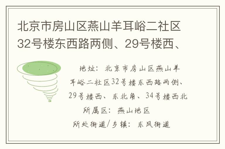 北京市房山區(qū)燕山羊耳峪二社區(qū)32號樓東西路兩側(cè)、29號樓西、東北角、34號樓西北