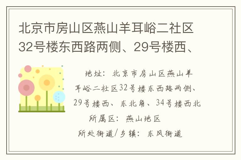 北京市房山區燕山羊耳峪二社區32號樓東西路兩側、29號樓西、東北角、34號樓西北