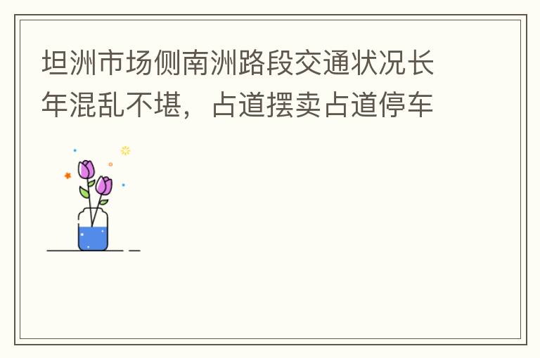坦洲市場(chǎng)側(cè)南洲路段交通狀況長(zhǎng)年混亂不堪，占道擺賣占道停車嚴(yán)重，時(shí)有機(jī)動(dòng)車逆行，非機(jī)動(dòng)車更是隨意逆行，順行機(jī)動(dòng)車與非機(jī)動(dòng)車混行緩慢，沒(méi)各行其道。南洲路與大興路平交路口沒(méi)有規(guī)劃好，交通擁堵是常態(tài)，即時(shí)有交