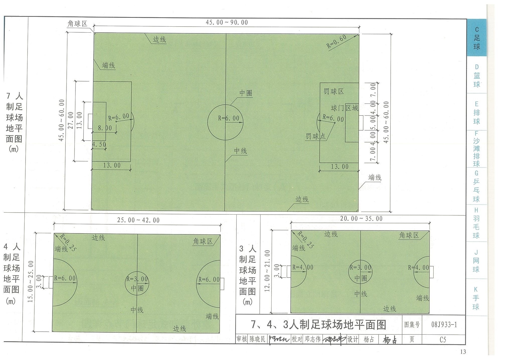 7、4、3人制足球場地平面圖-國家建筑標準設計圖集08J933-1
