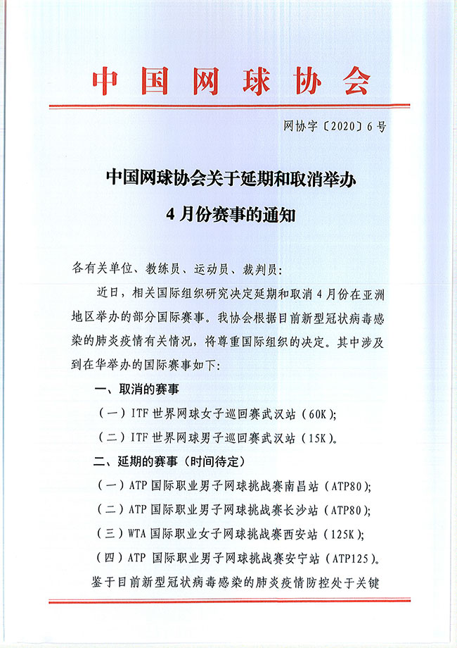 中國(guó)網(wǎng)球協(xié)會(huì)關(guān)于延期和取消舉辦4月份賽事的通知