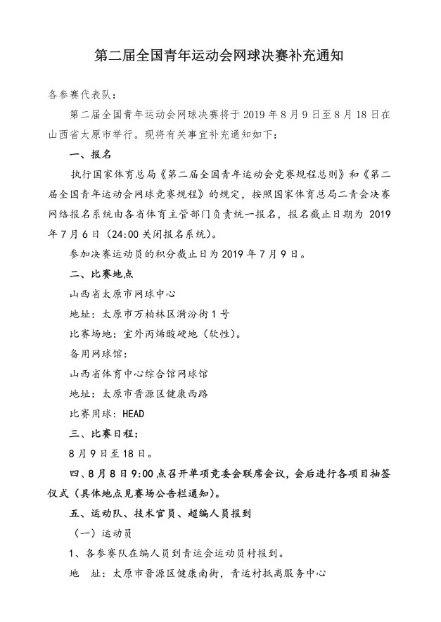 第二屆全國青年運動會網(wǎng)球決賽補充通知